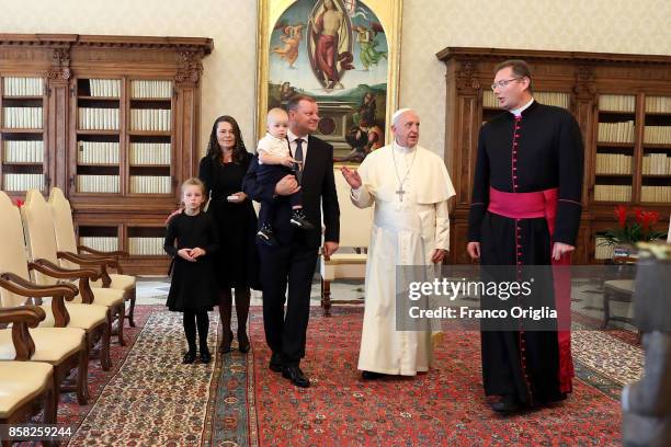 Pope Francis meets Lithuania Prime Minister Saulius Skvernelis, his wife Silvija Skvernelo and his sons Egle and Tadas during an audience at the...