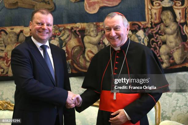 Vatican Secretary of State cardinal Pietro Parolin meets Lithuania Prime Minister Saulius Skvernelis during an audience at the Apostolic Palace on...