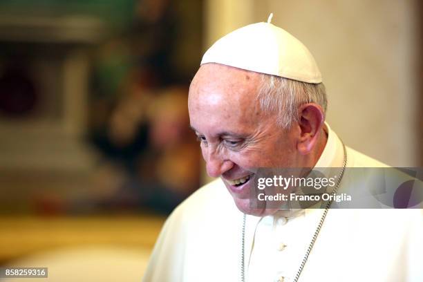Pope Francis attends an audience with Lithuania Prime Minister Saulius Skvernelis at the Apostolic Palace on October 6, 2017 in Vatican City,...