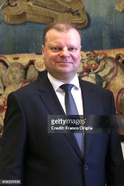 Lithuania Prime Minister Saulius Skvernelis attends an audience with Pope Francis at the Apostolic Palace on October 6, 2017 in Vatican City,...