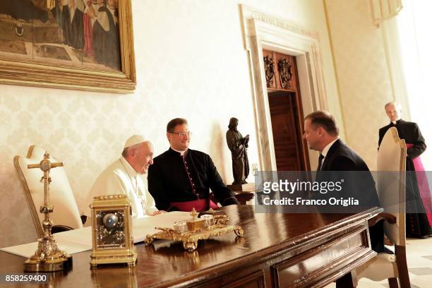 Pope Francis meets Lithuania Prime Minister Saulius Skvernelis during an audience at the Apostolic Palace on October 6, 2017 in Vatican City,...