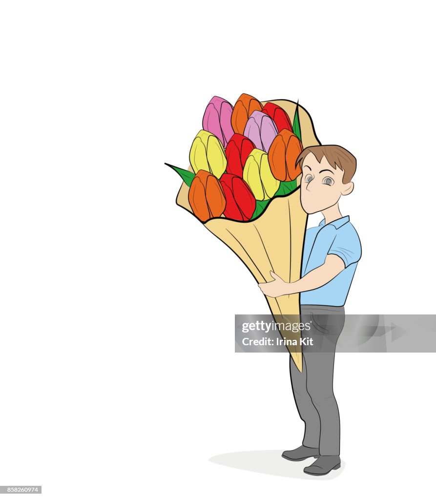 A Little Man Holding A Large Bouquet Of Flowers Hand Drawn Cartoon Vector  Illustration For Design And Infographic High-Res Vector Graphic - Getty  Images