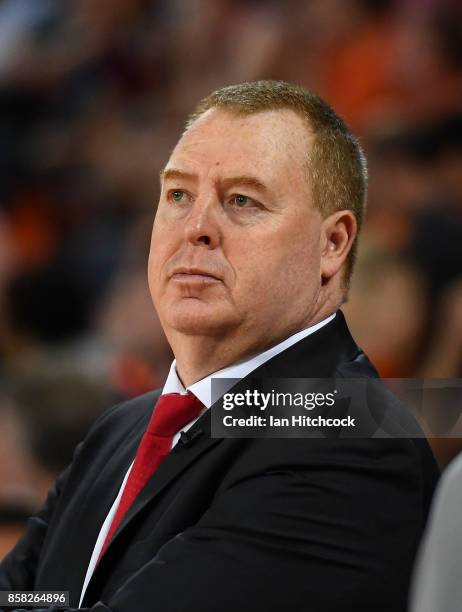 Hawks coach Rob Beveridge looks on during the round one NBL match between the Cairns Taipans and the Illawarra Hawks at Cairns Convention Centre on...
