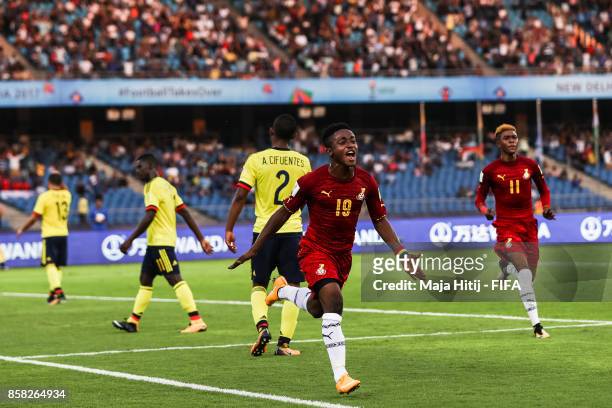 Sadiq Ibrahim of Ghana celebrates after scoring his team's first goal to make it 0-1 during the FIFA U-17 World Cup India 2017 group A match between...