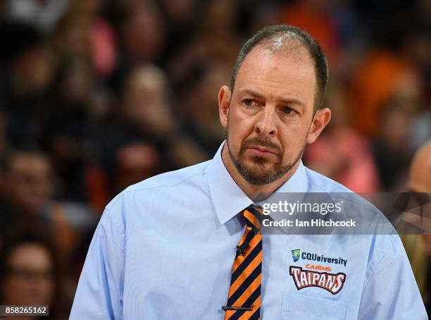 Taipans coach Aaron Fearne looks on during the round one NBL match between the Cairns Taipans and the Illawarra Hawks at Cairns Convention Centre on...