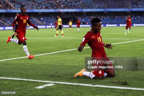 Sadiq Ibrahim of Ghana celebrates after scoring his team's first goal to make it 0-1 during the FIFA U-17 World Cup India 2017 group A match between...