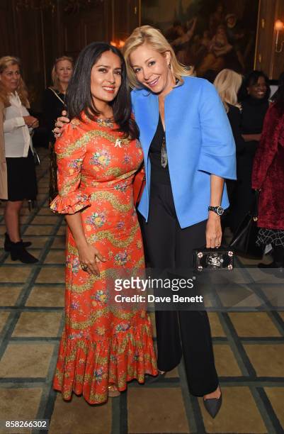Salma Hayek and Nadja Swarovski attend the Academy of Motion Picture Arts and Sciences Women In Film lunch at Claridge's Hotel on October 6, 2017 in...