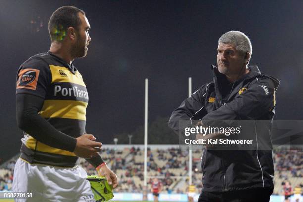 Charlie Ngatai of Taranaki and Head Coach Colin Cooper of Taranaki kook on during the round eight Mitre 10 Cup match between Canterbury and Taranaki...