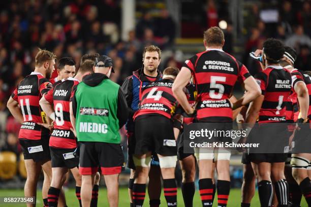 Luke Whitelock of Canterbury speaks to his team mates during the round eight Mitre 10 Cup match between Canterbury and Taranaki at AMI Stadium on...