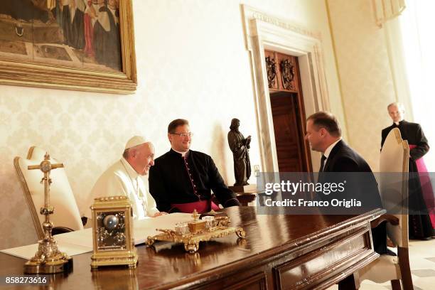 Pope Francis meets Lithuania Prime Minister Saulius Skvernelis, his wife Silvija Skvernelo and his sons Egle and Tadas during an audience at the...