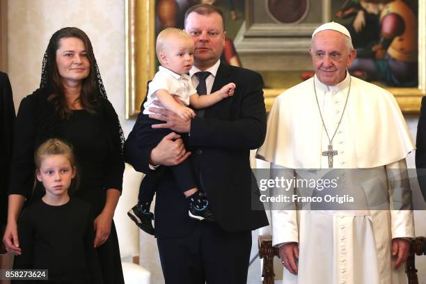 Pope Francis meets Lithuania Prime Minister Saulius Skvernelis, his wife Silvija Skvernelo and his sons Egle and Tadas during an audience at the...