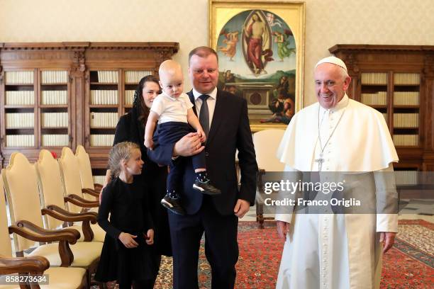 Pope Francis meets Lithuania Prime Minister Saulius Skvernelis, his wife Silvija Skvernelo and his sons Egle and Tadas during an audience at the...