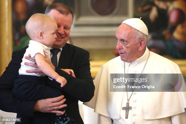 Pope Francis meets Lithuania Prime Minister Saulius Skvernelis, his wife Silvija Skvernelo and his sons Egle and Tadas during an audience at the...