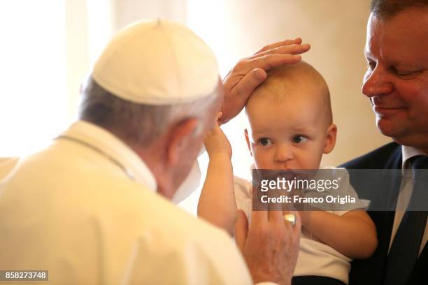 Pope Francis meets Lithuania Prime Minister Saulius Skvernelis, his wife Silvija Skvernelo and his sons Egle and Tadas during an audience at the...