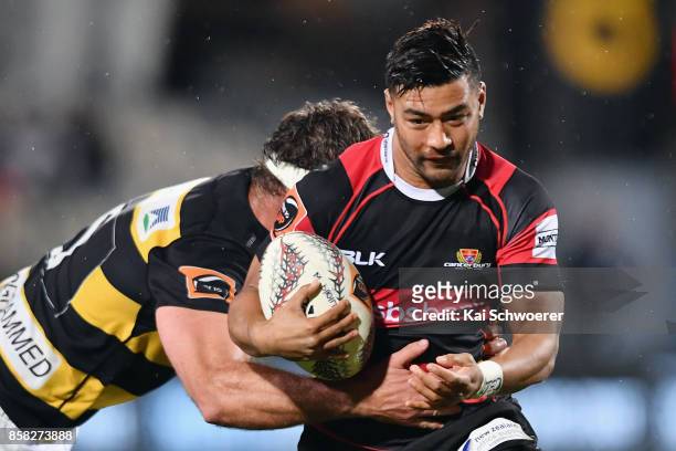 Richie Mo'unga of Canterburyis tackled during the round eight Mitre 10 Cup match between Canterbury and Taranaki at AMI Stadium on October 6, 2017 in...