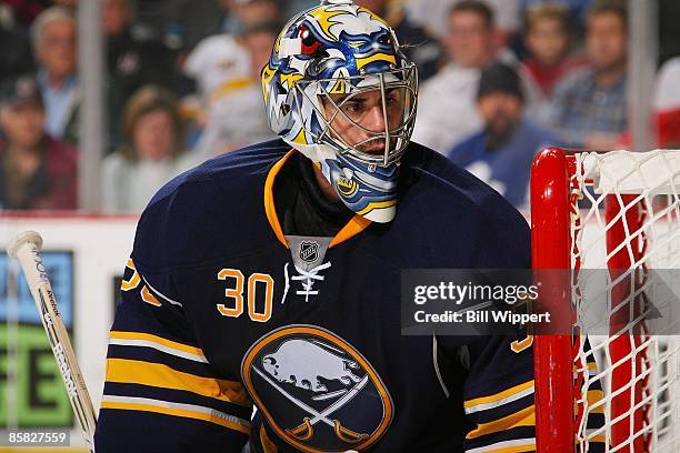 Ryan Miller of the Buffalo Sabres tends goal against the Toronto Maple Leafs on March 27, 2009 at HSBC Arena in Buffalo, New York.