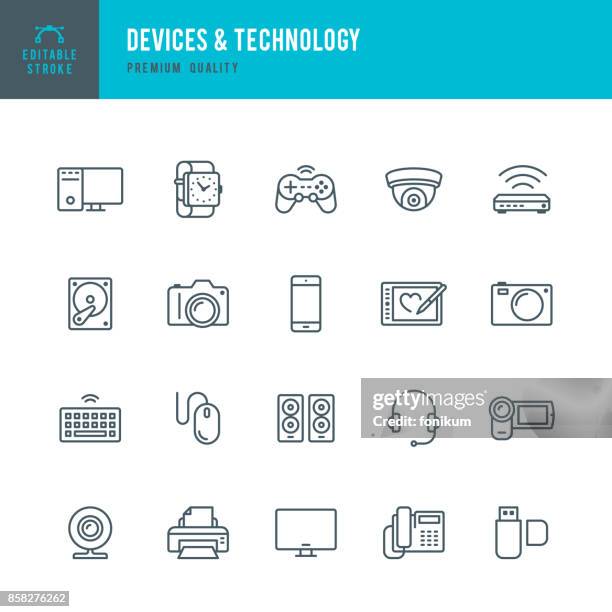 stockillustraties, clipart, cartoons en iconen met apparaten en technologie - dunne lijn icon set - security camera