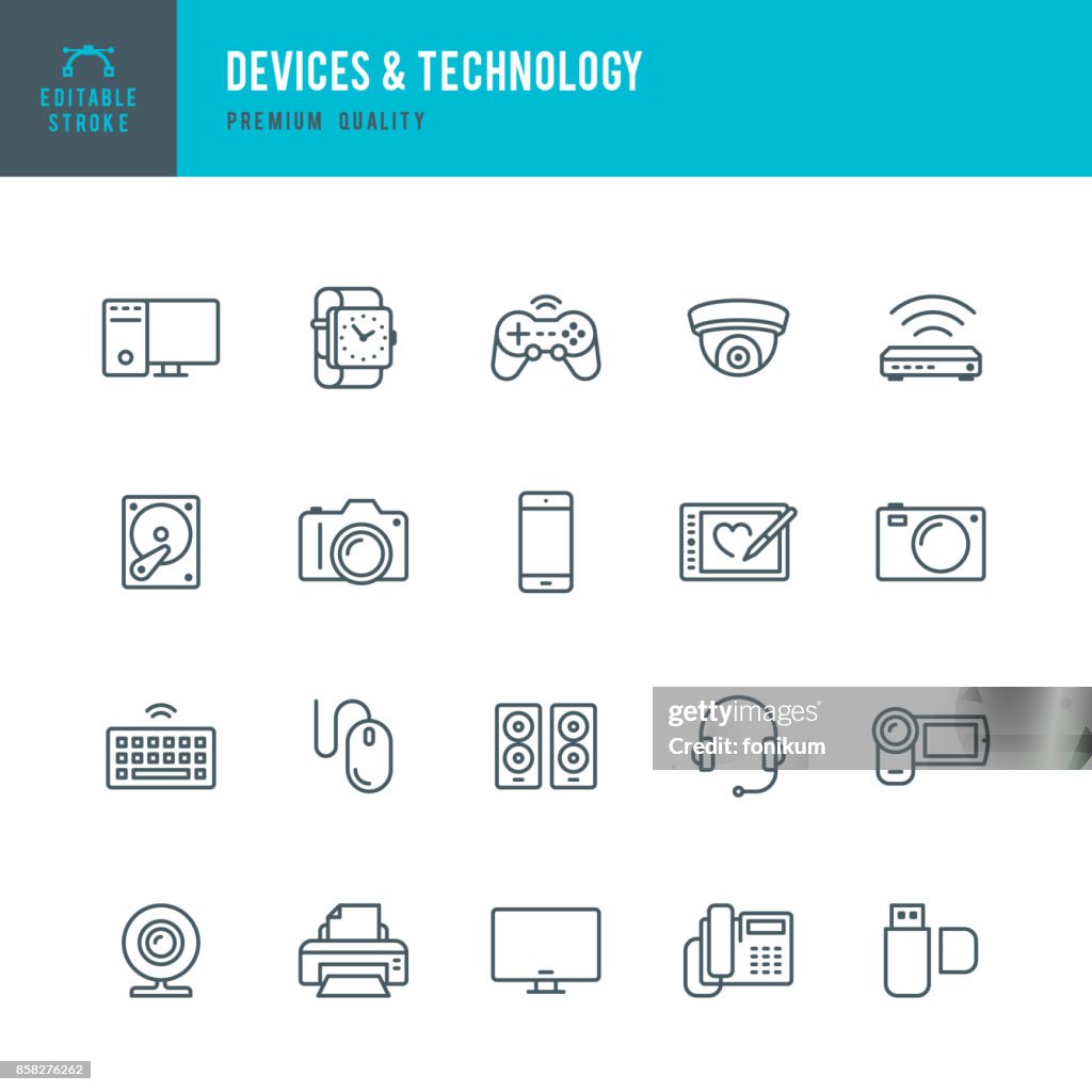 Devices and Technology - Thin Line Icon Set