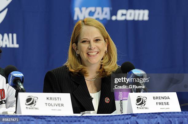 Head coach Brenda Frese of the Maryland Terrapins takes questions during the press conference after a second round game of the NCAA tournament...