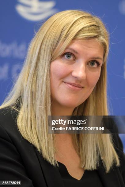 Nuclear disarmament group International Campaign to Abolish Nuclear Weapons executive director Beatrice Fihn smiles during a press conference after...