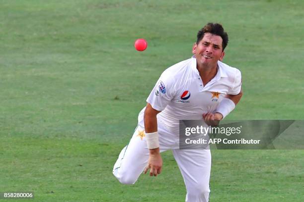 Yasir Shah of Pakistan bowls during the first day of the second Test cricket match between Sri Lanka and Pakistan at Dubai International Stadium in...