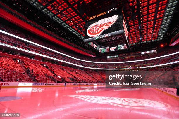 The ice at Little Caesars Arena waits prior to the Detroit Red Wings game versus the Minnesota Wild on October 5 at Little Caesars Arena in Detroit,...