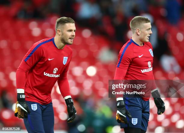England's players Jack Butland and Jordan Pickford during warm up before the FIFA World Cup Qualifying - European Region - Group F match between...