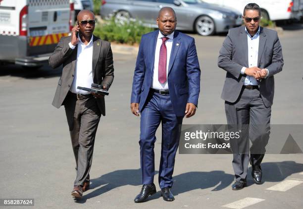 African National Congress Treasury-General Dr Zweli Mkhize arrives the Joburg Indaba event at the Inanda Club on October 04, 2017 in Johannesburg,...