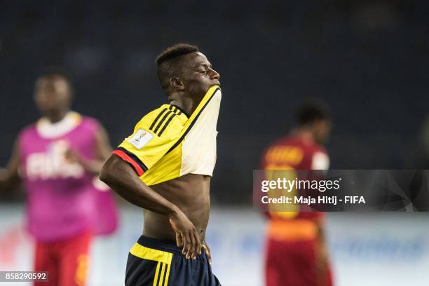 Juan Penaloza reacts after Eafter the FIFA U-17 World Cup India 2017 group A match between Colombia and Ghana at Jawaharlal Nehru Stadium on October...