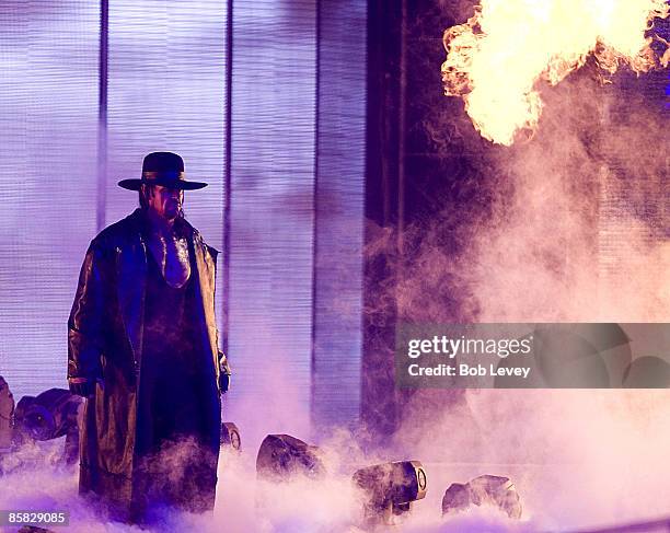 The Undertaker makes his way to the ring for his match with Shawn Michaels at "WrestleMania 25" at the Reliant Stadium on April 5, 2009 in Houston,...