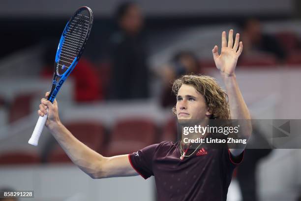 Alexander Zverev of Germany celebrates after winning the Men's singles Quarterfinals match against Andrey Rublev of Russia on day seven of 2017 China...