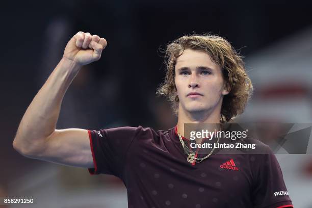 Alexander Zverev of Germany celebrates after winning the Men's singles Quarterfinals match against Andrey Rublev of Russia on day seven of 2017 China...