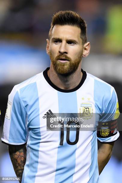 Lionel Messi of Argentina looks on prior to a match between Argentina and Peru as part of FIFA 2018 World Cup Qualifiers at Estadio Alberto J....