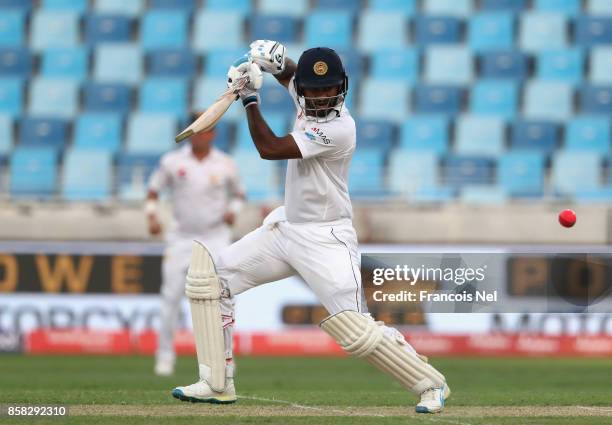 Dimuth Karunaratne of Sri Lanka bats during Day One of the Second Test between Pakistan and Sri Lanka at Dubai International Cricket Ground on...