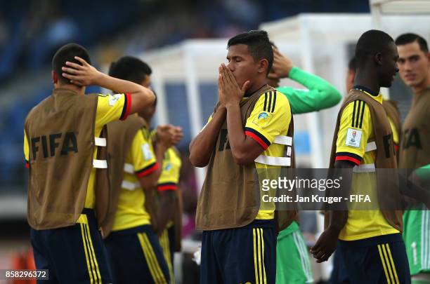 Columbia subsitutes react during the FIFA U-17 World Cup India 2017 group A match between Colombia and Ghana at Jawaharlal Nehru Stadium on October...