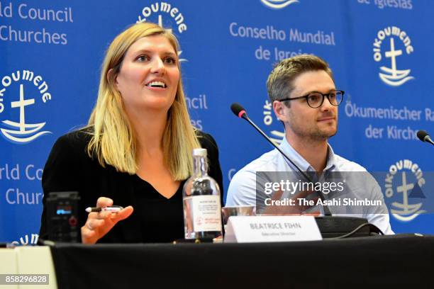 Beatrice Fihn , executive director of the International Campaign to Abolish Nuclear Weapons speaks during a press conference after the Nobel Peace...