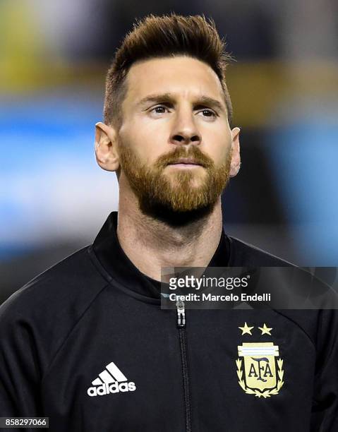 Lionel Messi of Argentina looks on prior to a match between Argentina and Peru as part of FIFA 2018 World Cup Qualifiers at Estadio Alberto J....