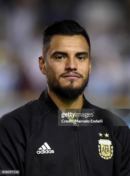 Sergio Romero of Argentina looks on prior to a match between Argentina and Peru as part of FIFA 2018 World Cup Qualifiers at Estadio Alberto J....