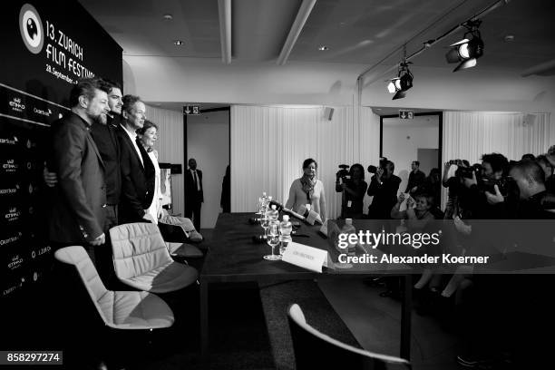 Andy Serkis, Andrew Garfield, Jonathan Cavendish and Claudia Bluemhuber arrive for the 'Breathe' press conference during the 13th Zurich Film...