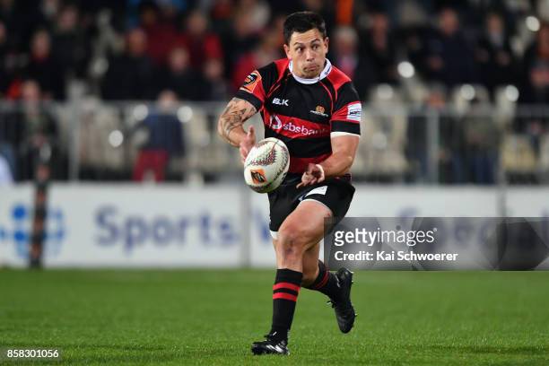 Rob Thompson of Canterbury passes the ball during the round eight Mitre 10 Cup match between Canterbury and Taranaki at AMI Stadium on October 6,...