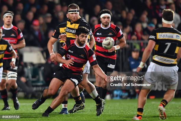 Billy Harmon of Canterbury charges forward during the round eight Mitre 10 Cup match between Canterbury and Taranaki at AMI Stadium on October 6,...