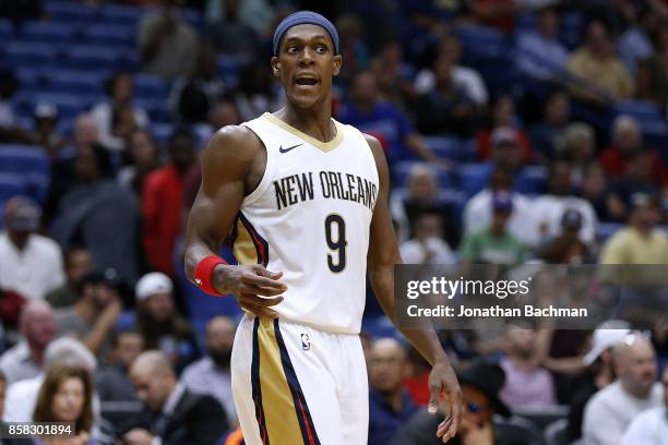 Rajon Rondo of the New Orleans Pelicans reacts during a preseason game against the Chicago Bulls at the Smoothie King Center on October 3, 2017 in...
