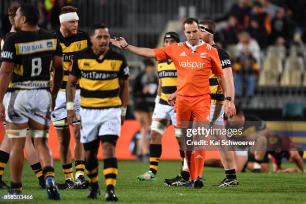 Referre Mike Fraser reacting during the round eight Mitre 10 Cup match between Canterbury and Taranaki at AMI Stadium on October 6, 2017 in...