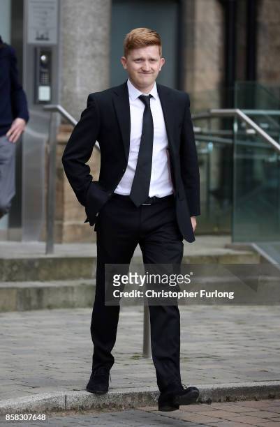 Actor Sam Aston depart the funeral of actress Liz Dawson at Salford Cathedral on October 6, 2017 in Salford, England. Actress Liz Dawn who died aged...