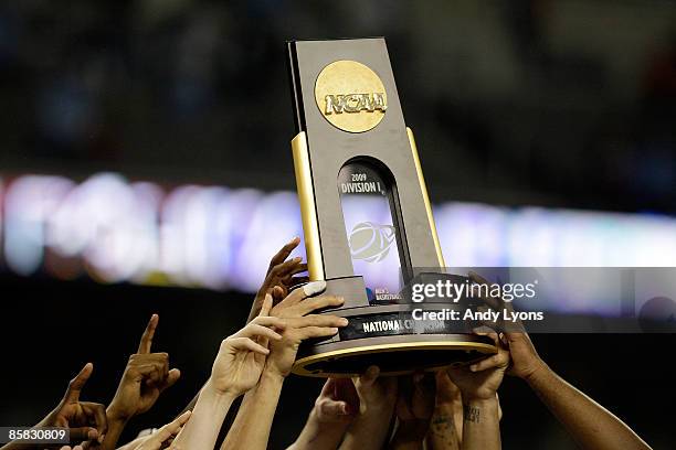 The North Carolina Tar Heels celebrates with the championship trophy after defeating the Michigan State Spartans 89-72 during the 2009 NCAA Division...