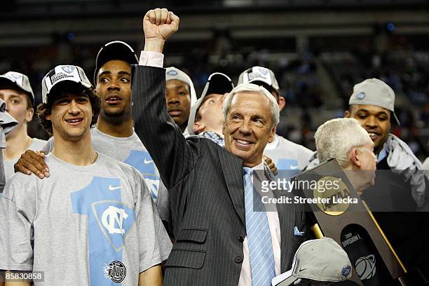 Head coach Roy Williams of the North Carolina Tar Heels celebrates after defeating the Michigan State Spartans 89-72 during the 2009 NCAA Division I...