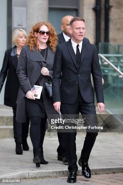 Jennie McAlpine and Antony Cotton depart the funeral of actress Liz Dawson at Salford Cathedral on October 6, 2017 in Salford, England. Actress Liz...