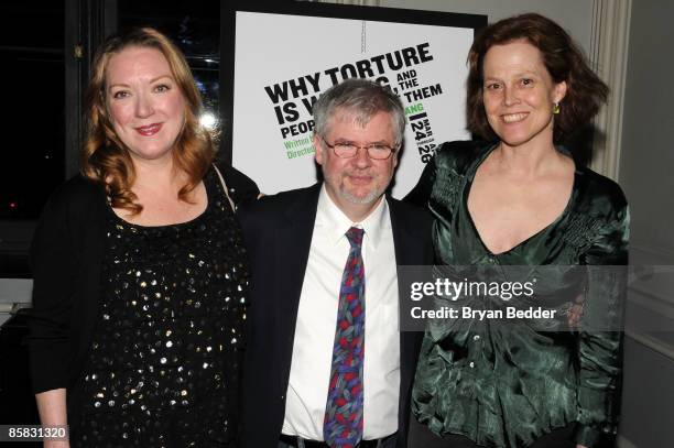 Actress Kristine Nielsen, playwright Christopher Durang and actress Sigourney Weaver attend the Off-Broadway opening night of "Why Torture in Wrong,...