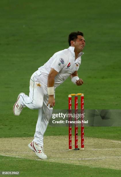 Yasir Shah of Pakistan bowls during Day One of the Second Test between Pakistan and Sri Lanka at Dubai International Cricket Ground on October 6,...