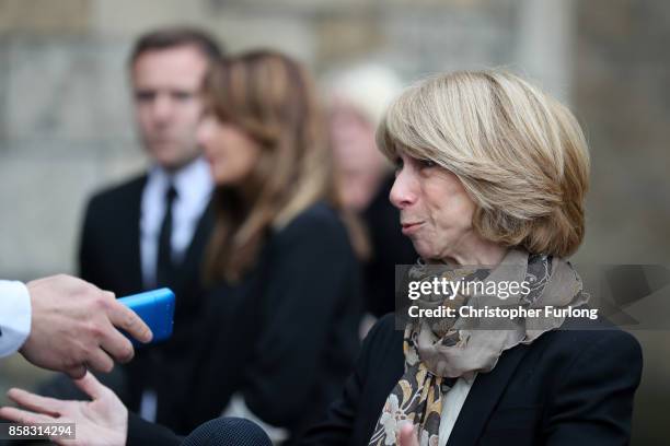 Actress Helen Worth departs the funeral of actress Liz Dawson at Salford Cathedral on October 6, 2017 in Salford, England. Actress Liz Dawn who died...
